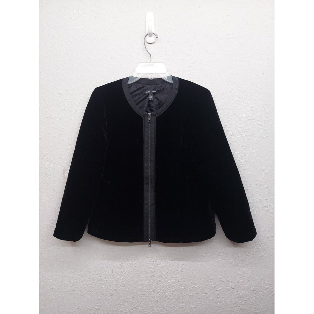 Eileen Fisher Coat Jacket Womens Small Black Full Zip Silk Blend Velvet Velour